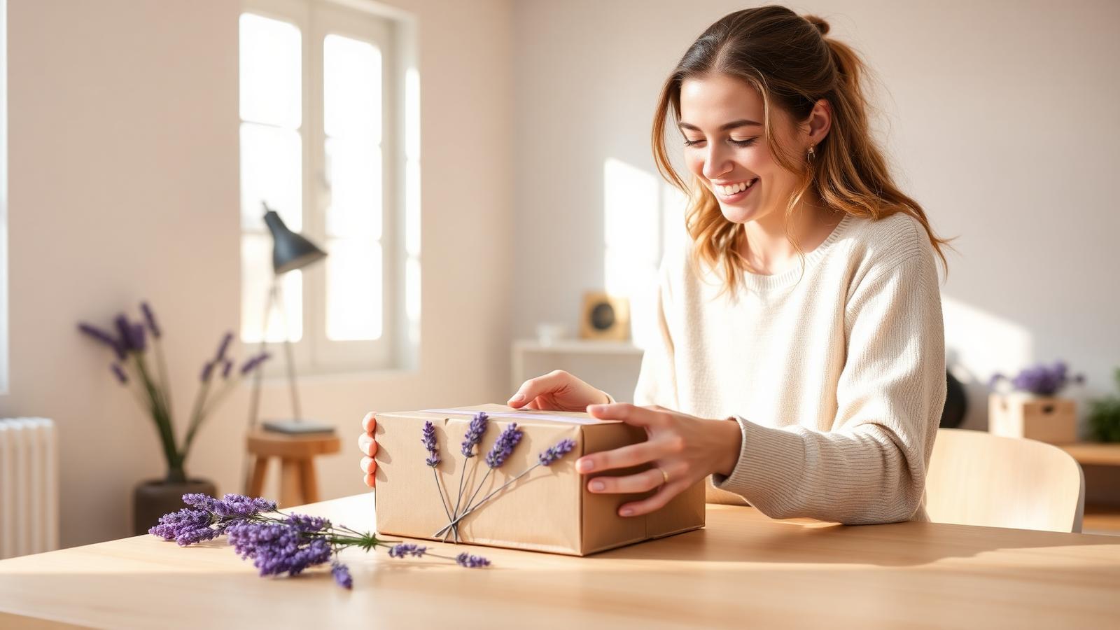 Kundin freut sich beim Auspacken eines Miet.net-Pakets