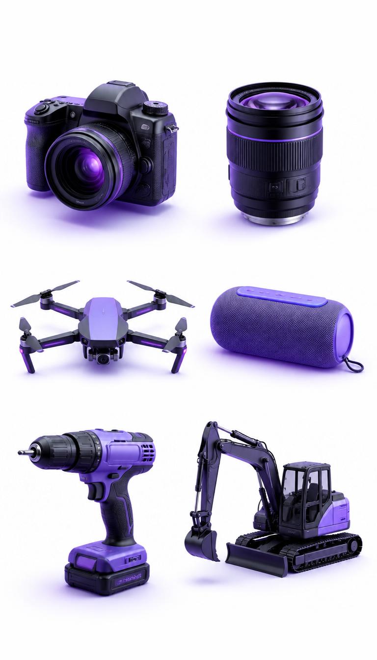 Beispiel-Produkte: Kamera, Objektiv, Drohne, Bluetooth-Lautsprecher, Akkuschrauber und Bagger
