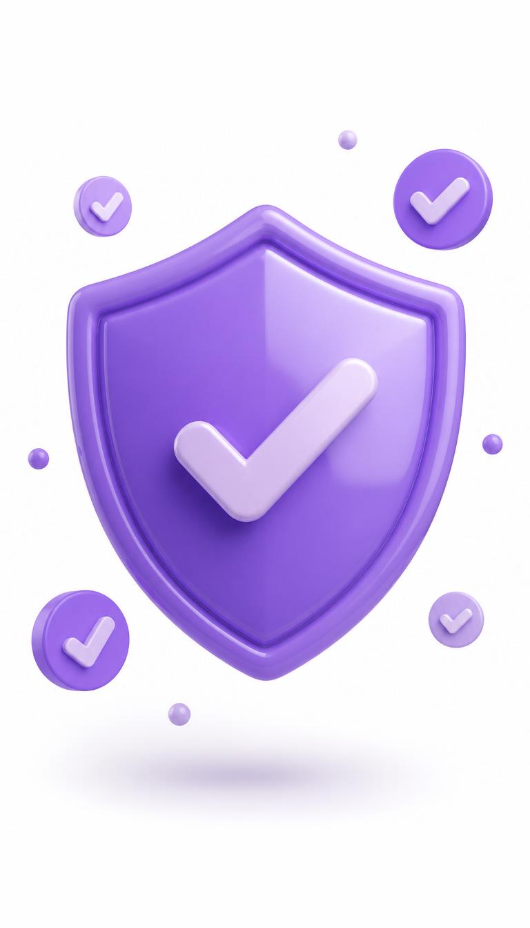 Violettes Schutzschild mit Häkchen als Symbol für Schadensmanagement